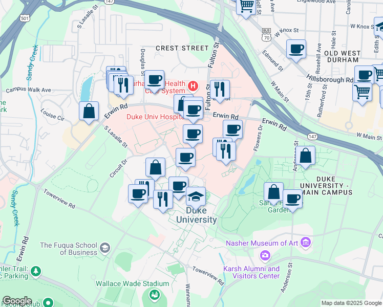 map of restaurants, bars, coffee shops, grocery stores, and more near Service Drive in Durham