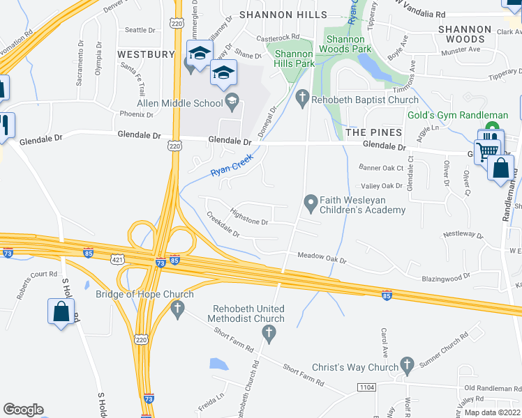 map of restaurants, bars, coffee shops, grocery stores, and more near 1019 Quinlan Drive in Greensboro