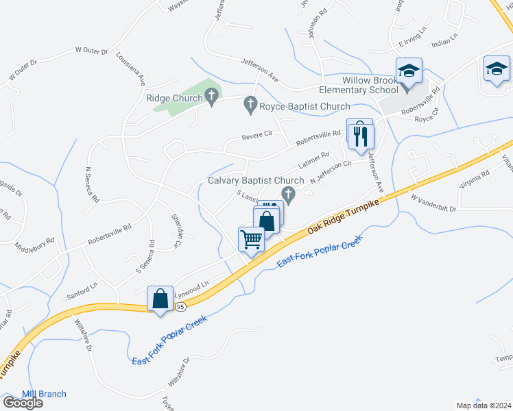 map of restaurants, bars, coffee shops, grocery stores, and more near 115 South Lansing Road in Oak Ridge