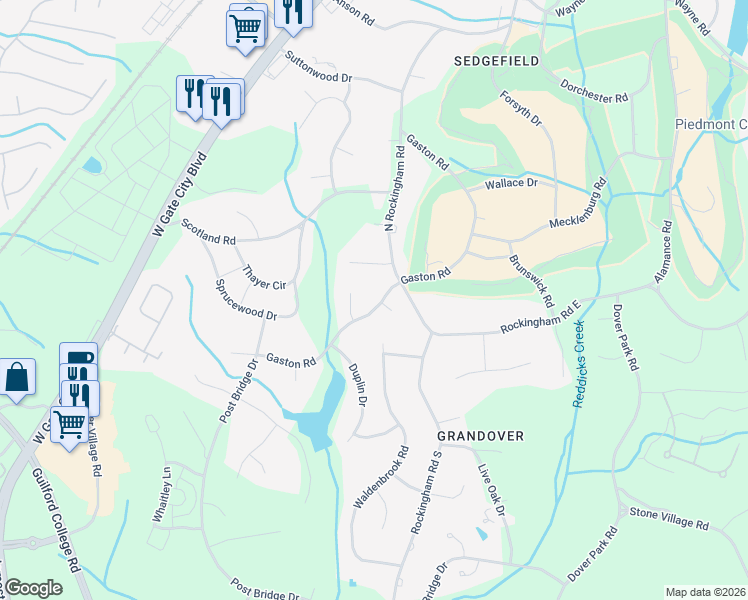 map of restaurants, bars, coffee shops, grocery stores, and more near 3600 Gaston Road in Greensboro