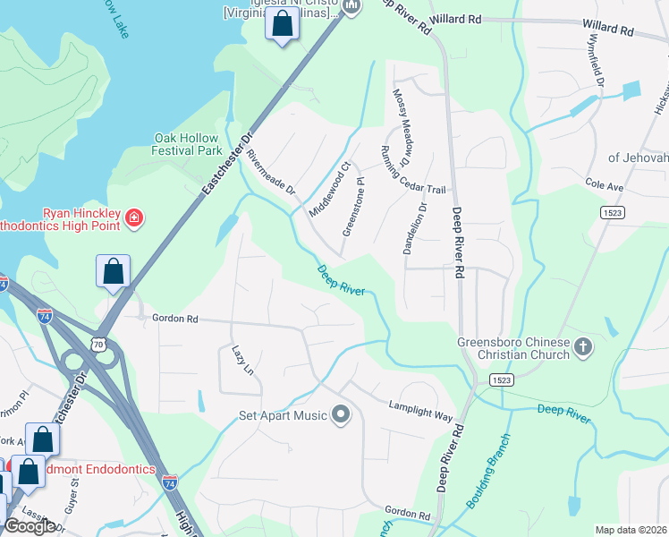 map of restaurants, bars, coffee shops, grocery stores, and more near 2117 Rivermeade Drive in High Point