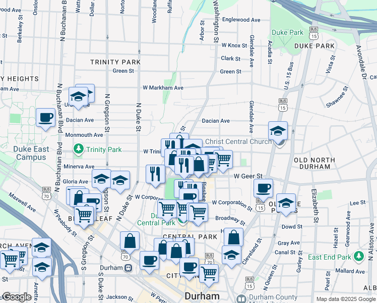 map of restaurants, bars, coffee shops, grocery stores, and more near 402 West Trinity Avenue in Durham