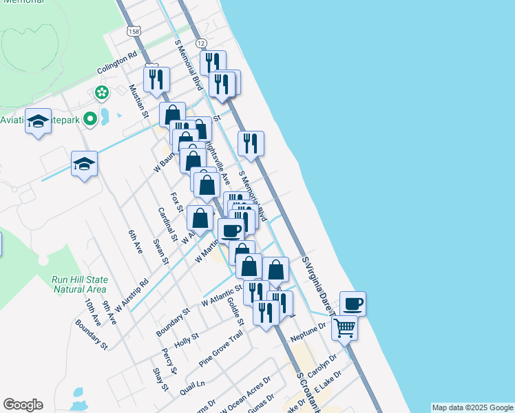 map of restaurants, bars, coffee shops, grocery stores, and more near 1204 South Memorial Boulevard in Kill Devil Hills