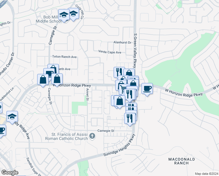 map of restaurants, bars, coffee shops, grocery stores, and more near 2291 West Horizon Ridge Parkway in Henderson