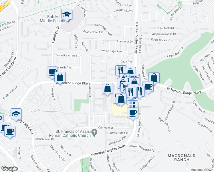 map of restaurants, bars, coffee shops, grocery stores, and more near 2291 West Horizon Ridge Parkway in Henderson