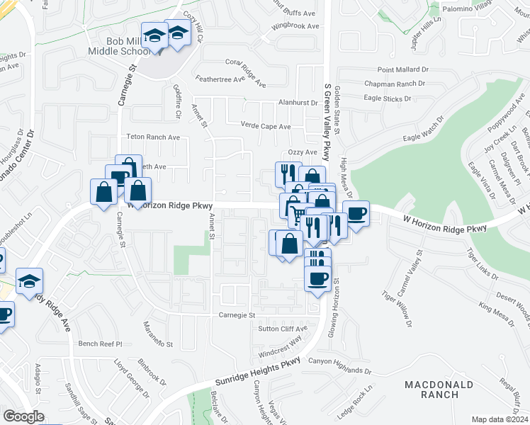 map of restaurants, bars, coffee shops, grocery stores, and more near 2298 West Horizon Ridge Parkway in Henderson
