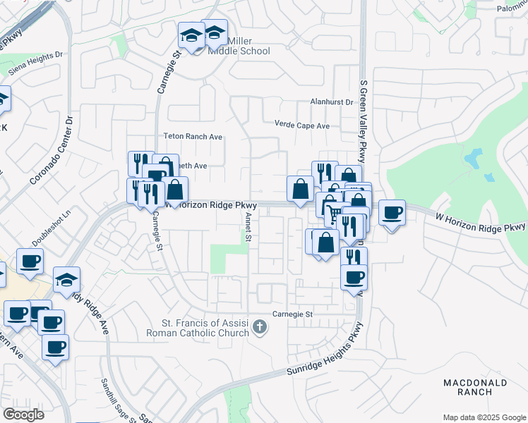 map of restaurants, bars, coffee shops, grocery stores, and more near 2255 Walkerville Court in Henderson