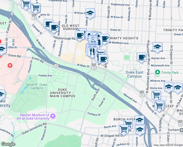 map of restaurants, bars, coffee shops, grocery stores, and more near in Durham