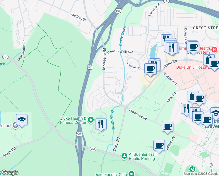 map of restaurants, bars, coffee shops, grocery stores, and more near 1137 Morreene Road in Durham