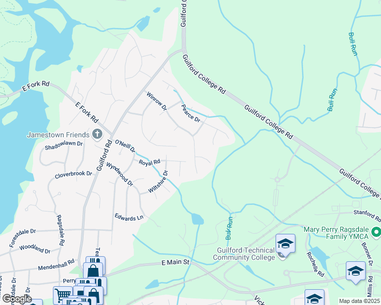 map of restaurants, bars, coffee shops, grocery stores, and more near 306 Winrow Drive in Jamestown