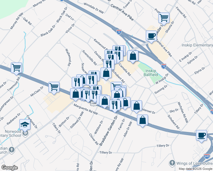 map of restaurants, bars, coffee shops, grocery stores, and more near in Knoxville