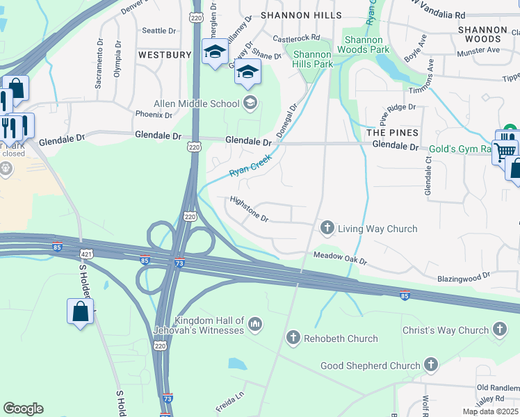 map of restaurants, bars, coffee shops, grocery stores, and more near 1031 Quinlan Drive in Greensboro