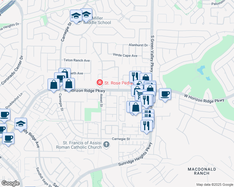 map of restaurants, bars, coffee shops, grocery stores, and more near 2305 West Horizon Ridge Parkway in Henderson