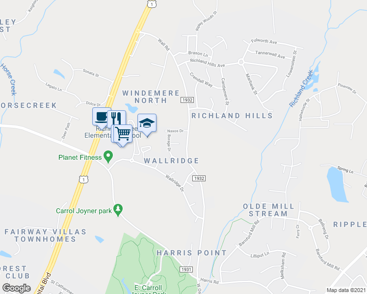 map of restaurants, bars, coffee shops, grocery stores, and more near 701 Marjoram Court in Wake Forest
