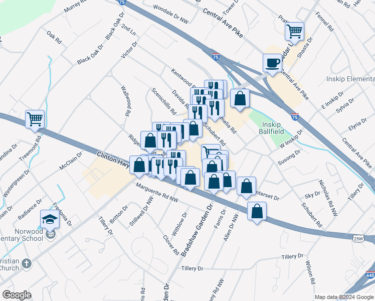 map of restaurants, bars, coffee shops, grocery stores, and more near 807 Kermit Drive in Knoxville