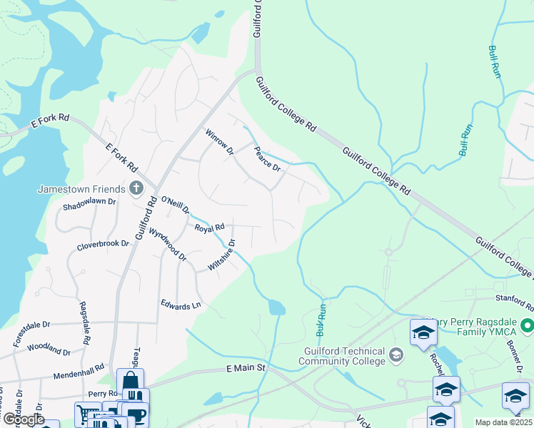 map of restaurants, bars, coffee shops, grocery stores, and more near 306 Winrow Drive in Jamestown