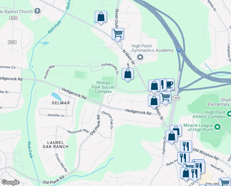 map of restaurants, bars, coffee shops, grocery stores, and more near 6121 Hedgecock Circle in High Point