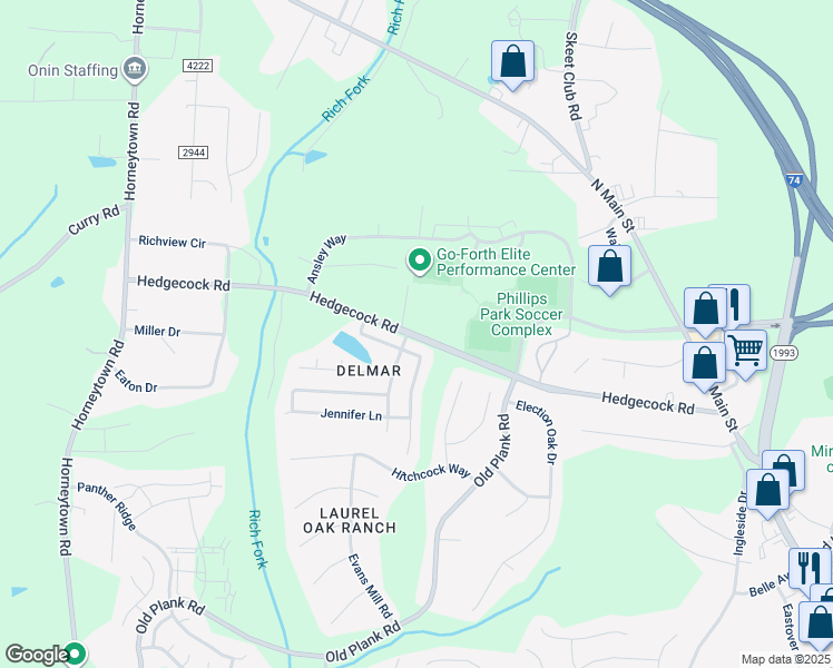 map of restaurants, bars, coffee shops, grocery stores, and more near 416 Hedgecock Road in High Point