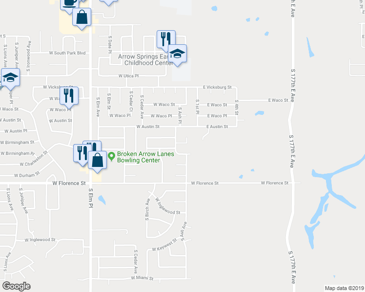 map of restaurants, bars, coffee shops, grocery stores, and more near 201 West 54th Street in Broken Arrow