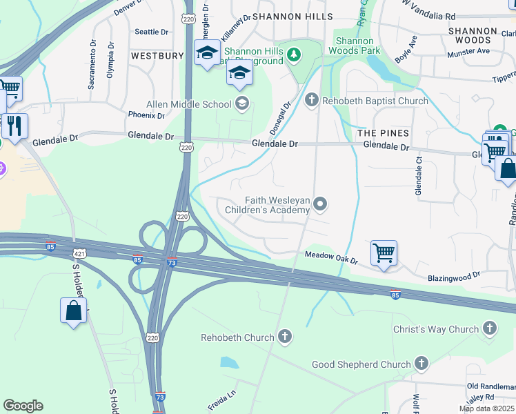 map of restaurants, bars, coffee shops, grocery stores, and more near 1034 Quinlan Drive in Greensboro
