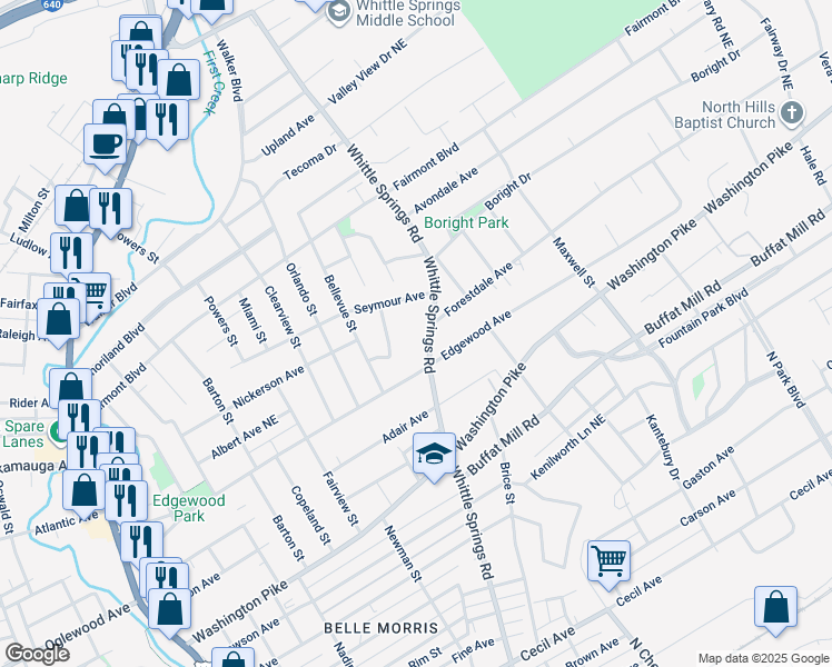 map of restaurants, bars, coffee shops, grocery stores, and more near 3103 Whittle Springs Road in Knoxville