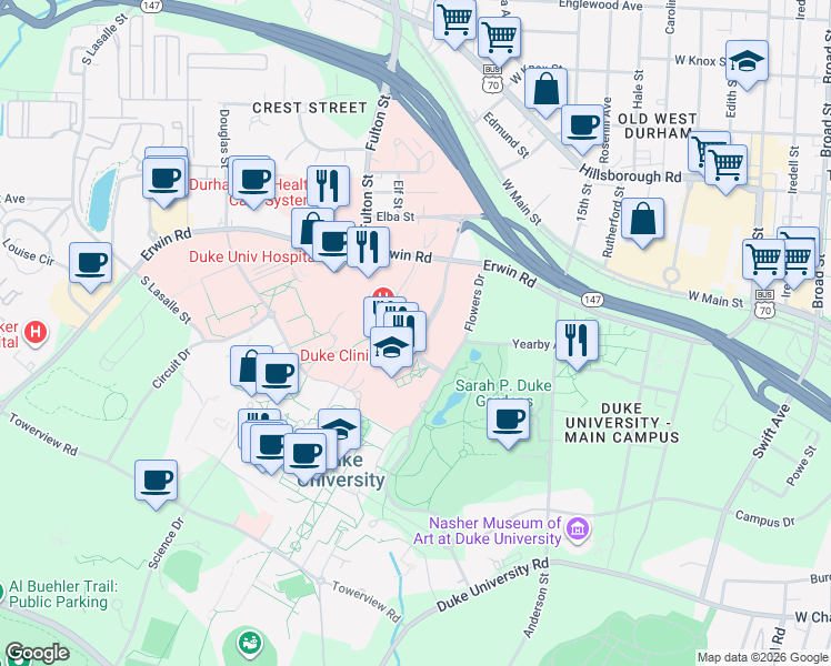 map of restaurants, bars, coffee shops, grocery stores, and more near Research Drive in Durham