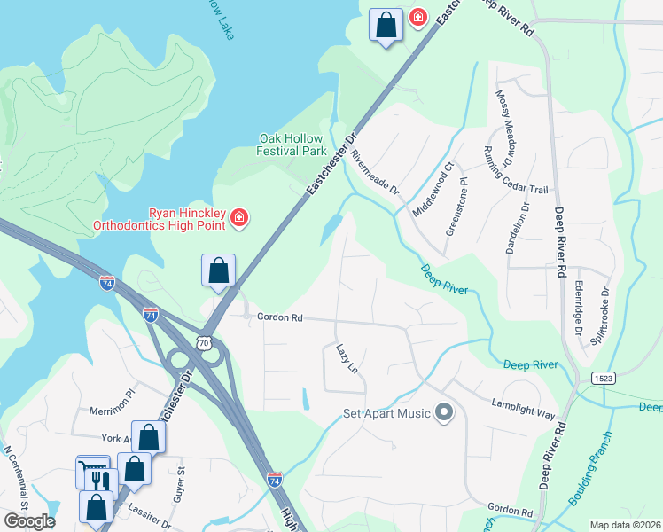 map of restaurants, bars, coffee shops, grocery stores, and more near 1815 Lazy Lane in High Point