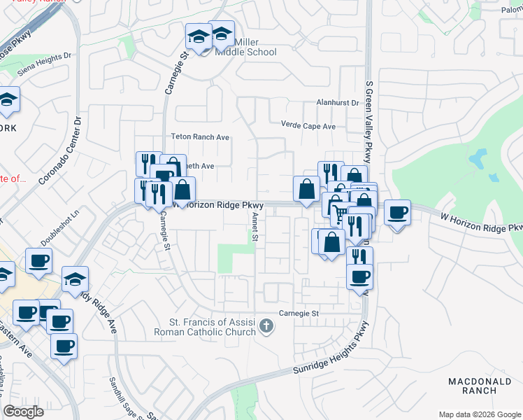 map of restaurants, bars, coffee shops, grocery stores, and more near 2305 West Horizon Ridge Parkway in Henderson