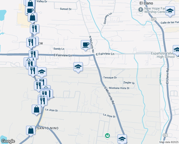 map of restaurants, bars, coffee shops, grocery stores, and more near Park Street in Española