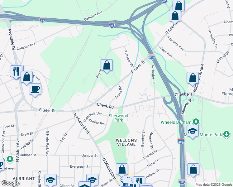 map of restaurants, bars, coffee shops, grocery stores, and more near 1928 Essex Road in Durham