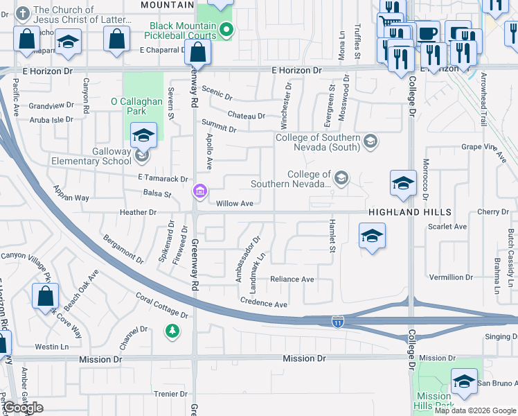 map of restaurants, bars, coffee shops, grocery stores, and more near 731 Chimney Rock Drive in Henderson
