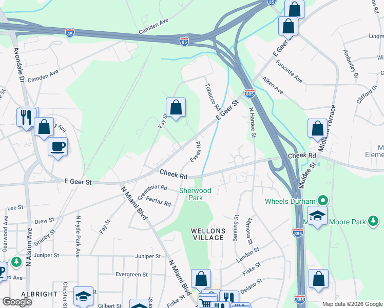 map of restaurants, bars, coffee shops, grocery stores, and more near 1928 Essex Road in Durham