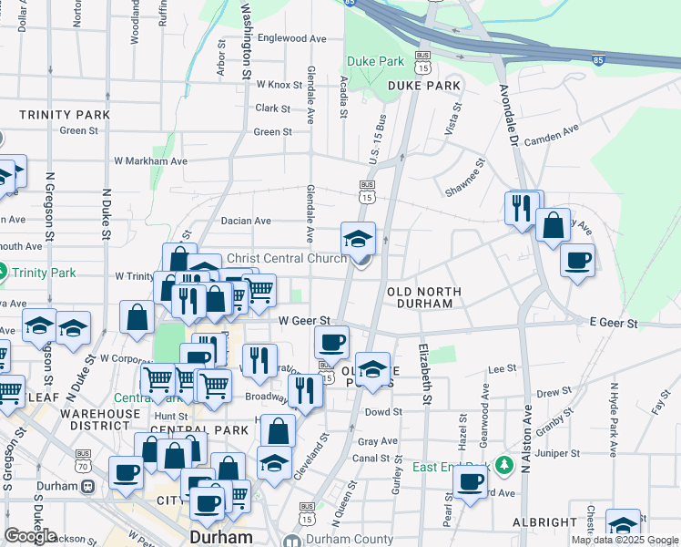 map of restaurants, bars, coffee shops, grocery stores, and more near 1004 North Mangum Street in Durham