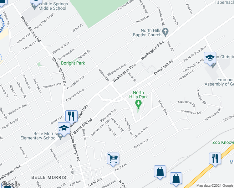 map of restaurants, bars, coffee shops, grocery stores, and more near 2614 Bridalwood Drive in Knoxville