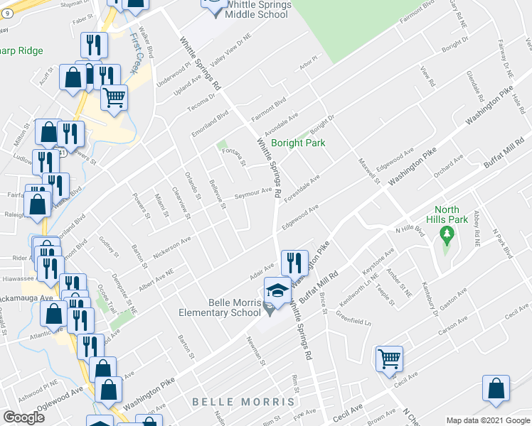 map of restaurants, bars, coffee shops, grocery stores, and more near 3103 Whittle Springs Road in Knoxville