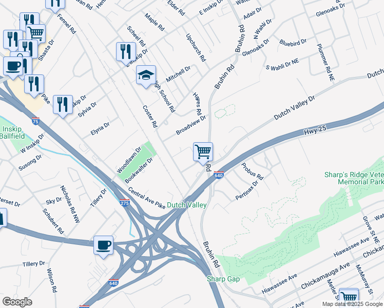 map of restaurants, bars, coffee shops, grocery stores, and more near 4214 Iona Way in Knoxville