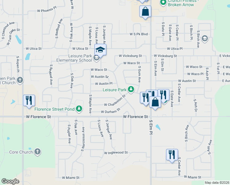 map of restaurants, bars, coffee shops, grocery stores, and more near 1100 West Birmingham Street in Broken Arrow