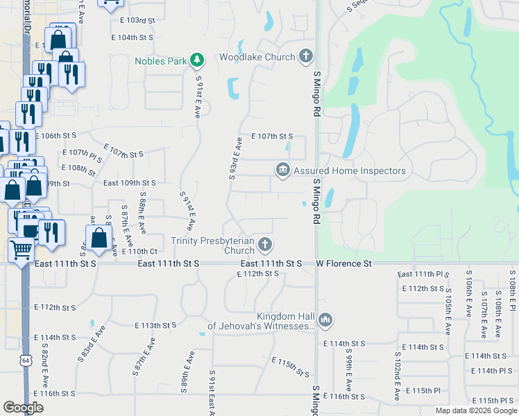 map of restaurants, bars, coffee shops, grocery stores, and more near 10851 South 94th East Avenue in Tulsa