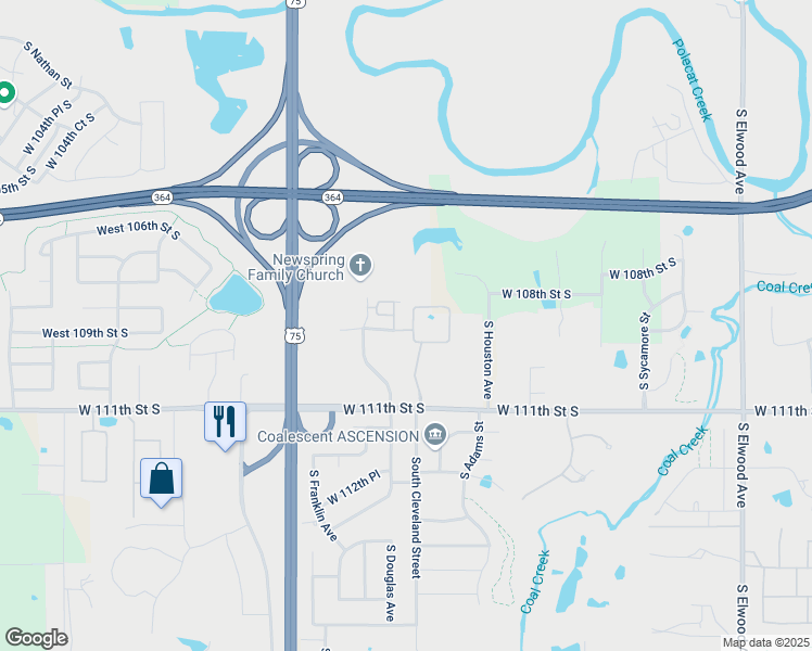 map of restaurants, bars, coffee shops, grocery stores, and more near 10751 Masters Circle in Jenks
