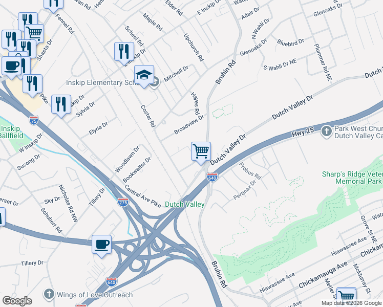 map of restaurants, bars, coffee shops, grocery stores, and more near 4214 Iona Way in Knoxville