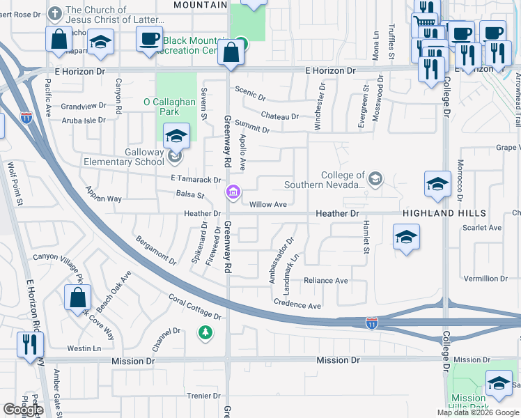 map of restaurants, bars, coffee shops, grocery stores, and more near 750 Willow Avenue in Henderson