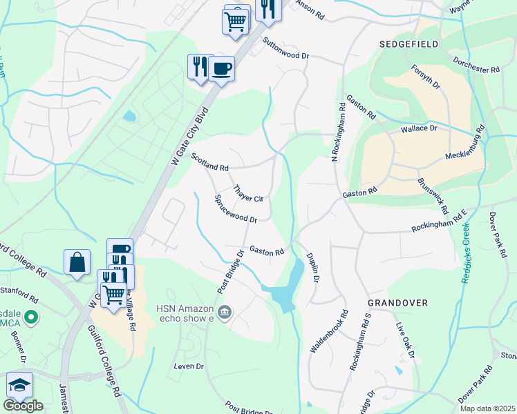 map of restaurants, bars, coffee shops, grocery stores, and more near 2003 Thayer Circle in Greensboro