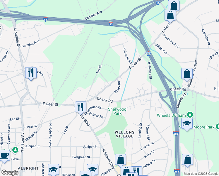 map of restaurants, bars, coffee shops, grocery stores, and more near 1128 East Geer Street in Durham