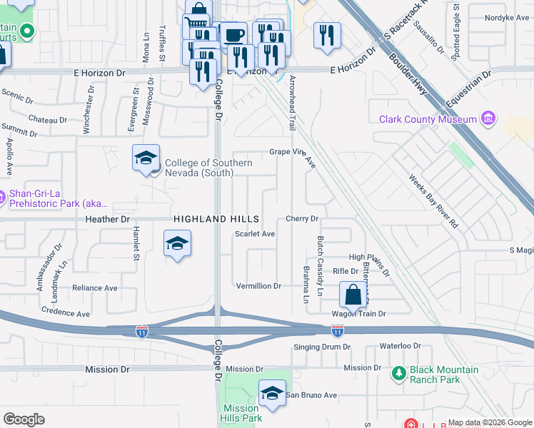 map of restaurants, bars, coffee shops, grocery stores, and more near 733 Brick Drive in Henderson