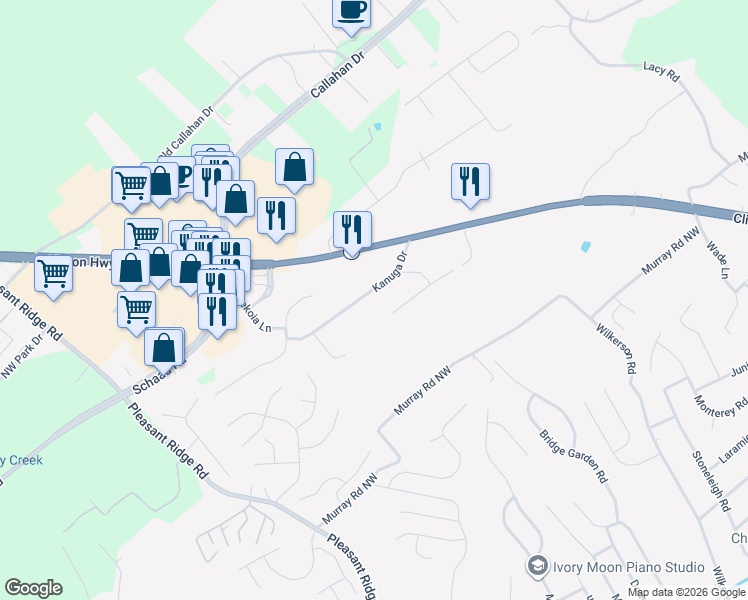map of restaurants, bars, coffee shops, grocery stores, and more near 6512 Kanuga Drive in Knoxville