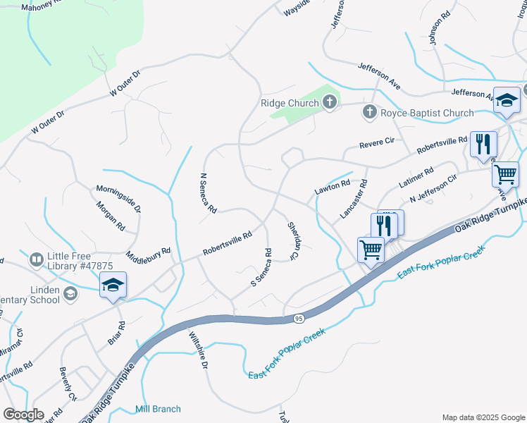 map of restaurants, bars, coffee shops, grocery stores, and more near 106 North Seneca Road in Oak Ridge