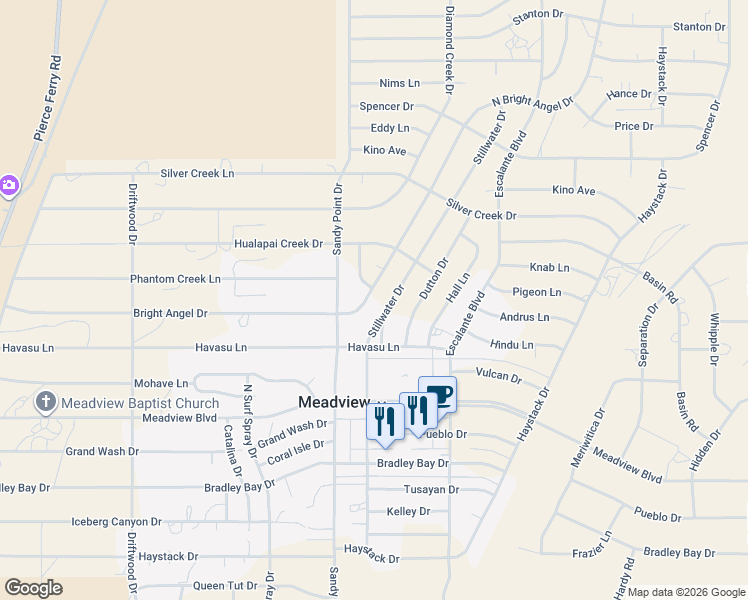 map of restaurants, bars, coffee shops, grocery stores, and more near 30345 Bright Angel Drive in Meadview