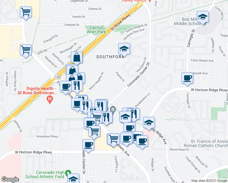 map of restaurants, bars, coffee shops, grocery stores, and more near 2694 Hollowvale Lane in Henderson