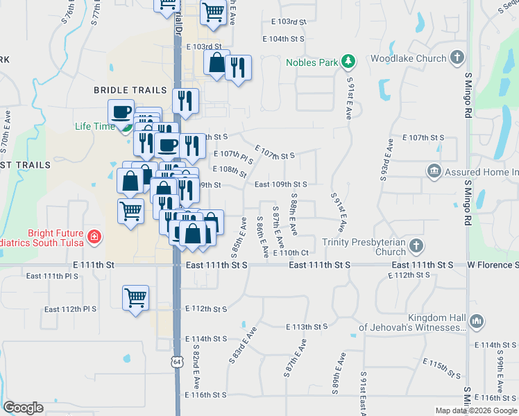 map of restaurants, bars, coffee shops, grocery stores, and more near 9417 East 109th Pl S in Tulsa