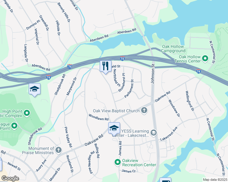 map of restaurants, bars, coffee shops, grocery stores, and more near 3733 Rolling Road in High Point